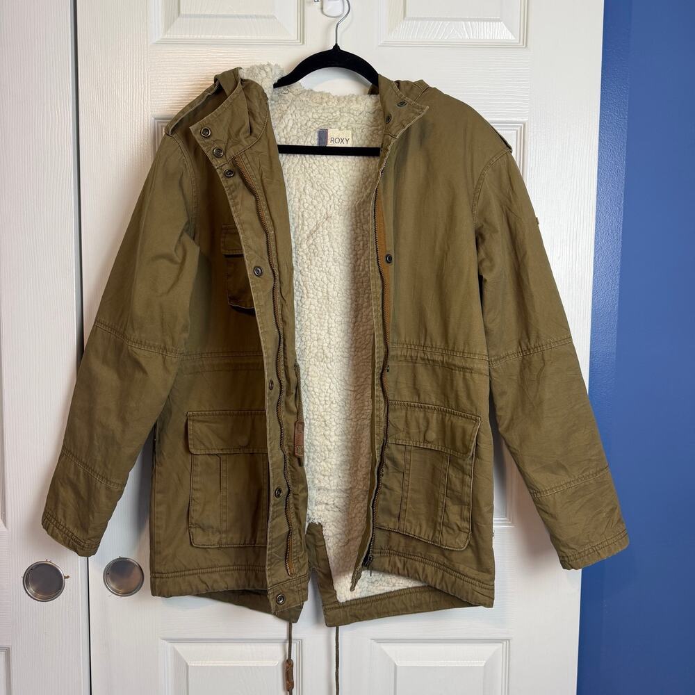 Roxy Women's Sherpa Lined Hooded Utility Parka Jacket Small Olive Brown